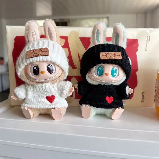 Outfit a Maglia con Orecchie da Coniglio per Bambole Labubu – Maglione con Cuore e Cappello